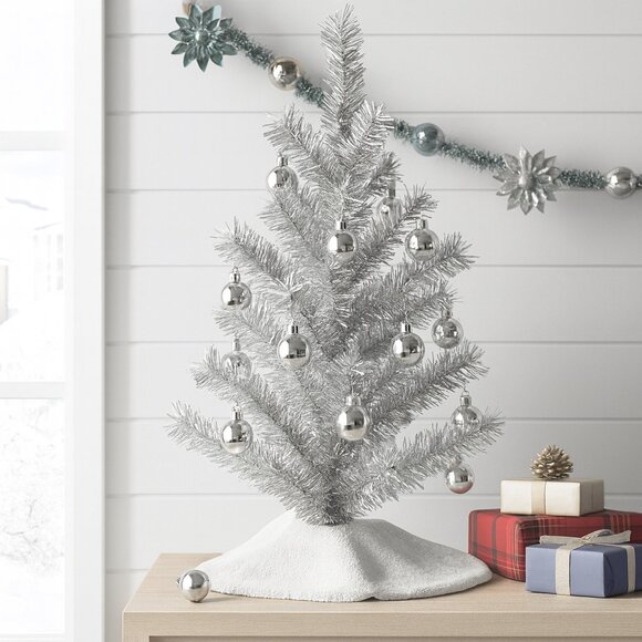 Silver or White Mini Christmas Tree, 15 Shiny Ornaments – 16" Tabletop Holiday - Picture 1 of 4